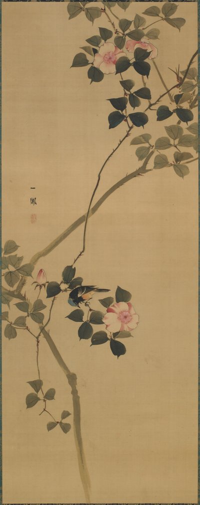 Wild Rose and a Bird, Hanging Scroll by Mori Ippo